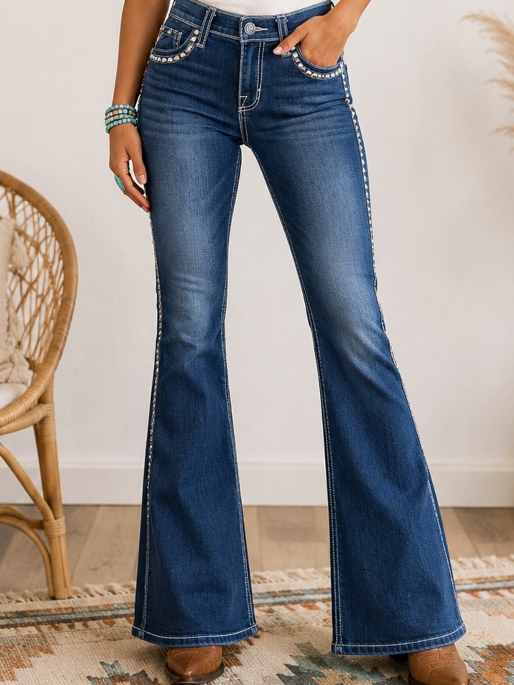 Dark Blue Flare Jeans with Side Stud Detail - Women